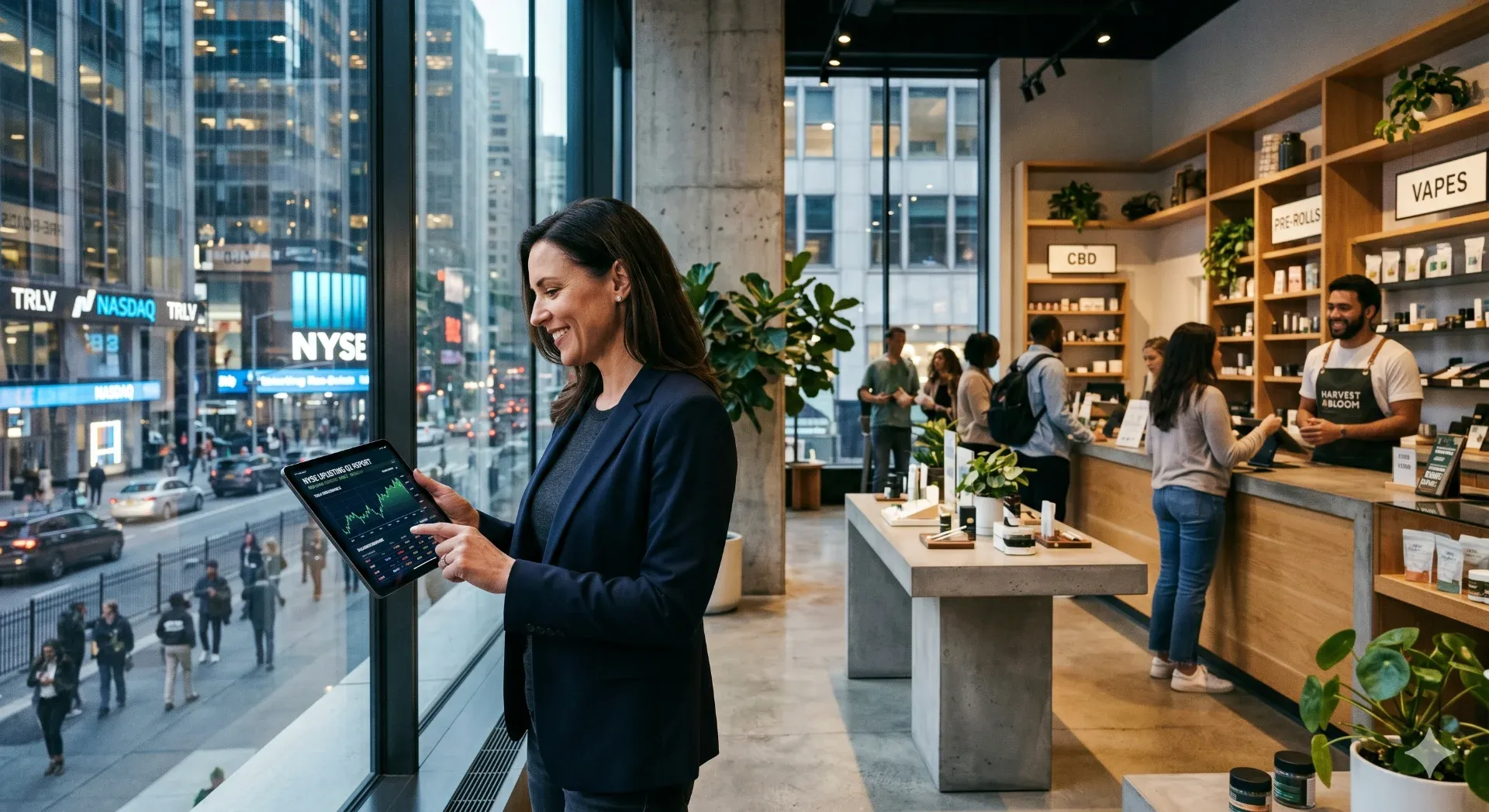 A professional dispensary owner in a dark blazer reviews financial charts on a tablet inside a modern, naturally lit cannabis store. Through the large window beside her, a bustling city street and the New York Stock Exchange building are visible. In the softly blurred background, a budtender smiles while assisting a customer at a sleek, well-organized wooden retail counter.