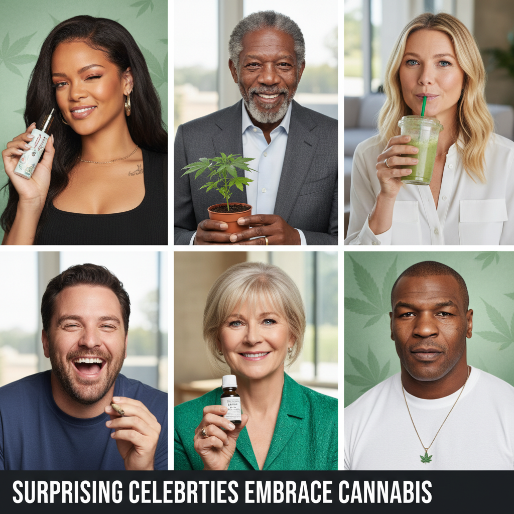 A collage of diverse celebrities with a subtle cannabis leaf motif.