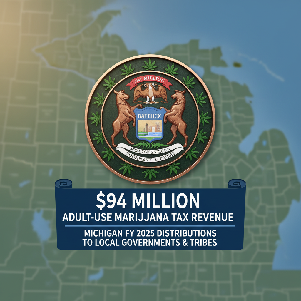 Michigan state seal with cannabis leaves integrated