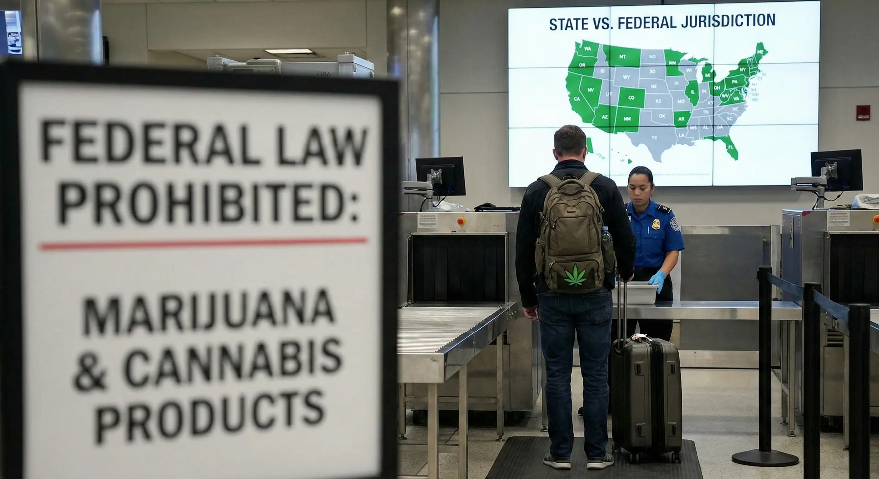 An airport security checkpoint scene featuring a traveler with a marijuana leaf patch on their backpack standing before a TSA agent. In the out-of-focus foreground, a sign warns 'FEDERAL LAW PROHIBITED: MARIJUANA & CANNABIS PRODUCTS,' while a large screen in the background displays a US map titled 'STATE VS. FEDERAL JURISDICTION.