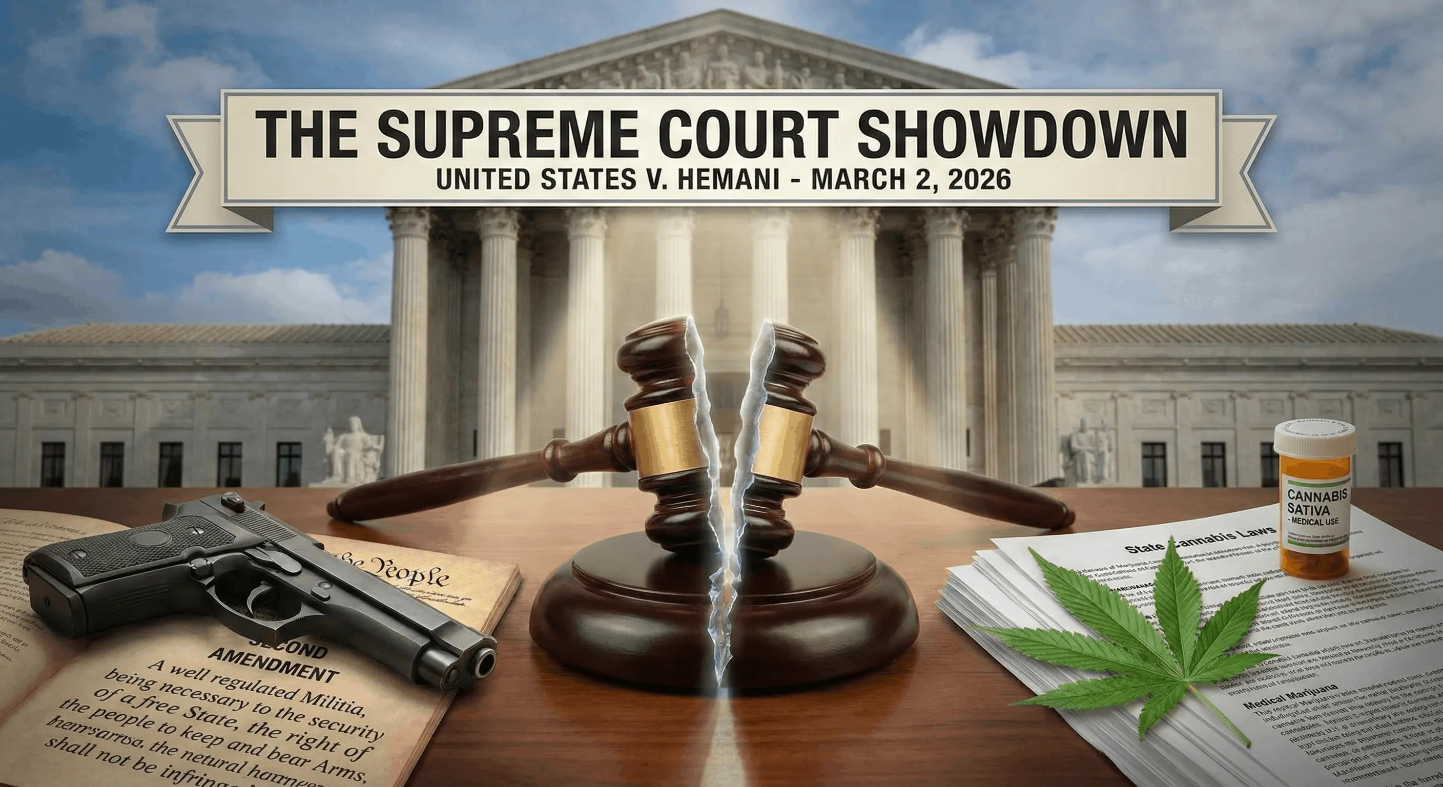 A conceptual editorial illustration regarding the United States v. Hemani Supreme Court case. In the foreground, a wooden judge’s gavel is split down the middle by a glowing blue crack, sitting on a desk. To the left of the gavel is a semi-automatic handgun resting on an open antique book showing the text of the Second Amendment. To the right is a green cannabis leaf, a medical marijuana prescription bottle, and legal documents. In the blurred background stands the U.S. Supreme Court building under a blue sky. A banner at the top reads: "THE SUPREME COURT SHOWDOWN: UNITED STATES V. HEMANI - MARCH 2, 2026."